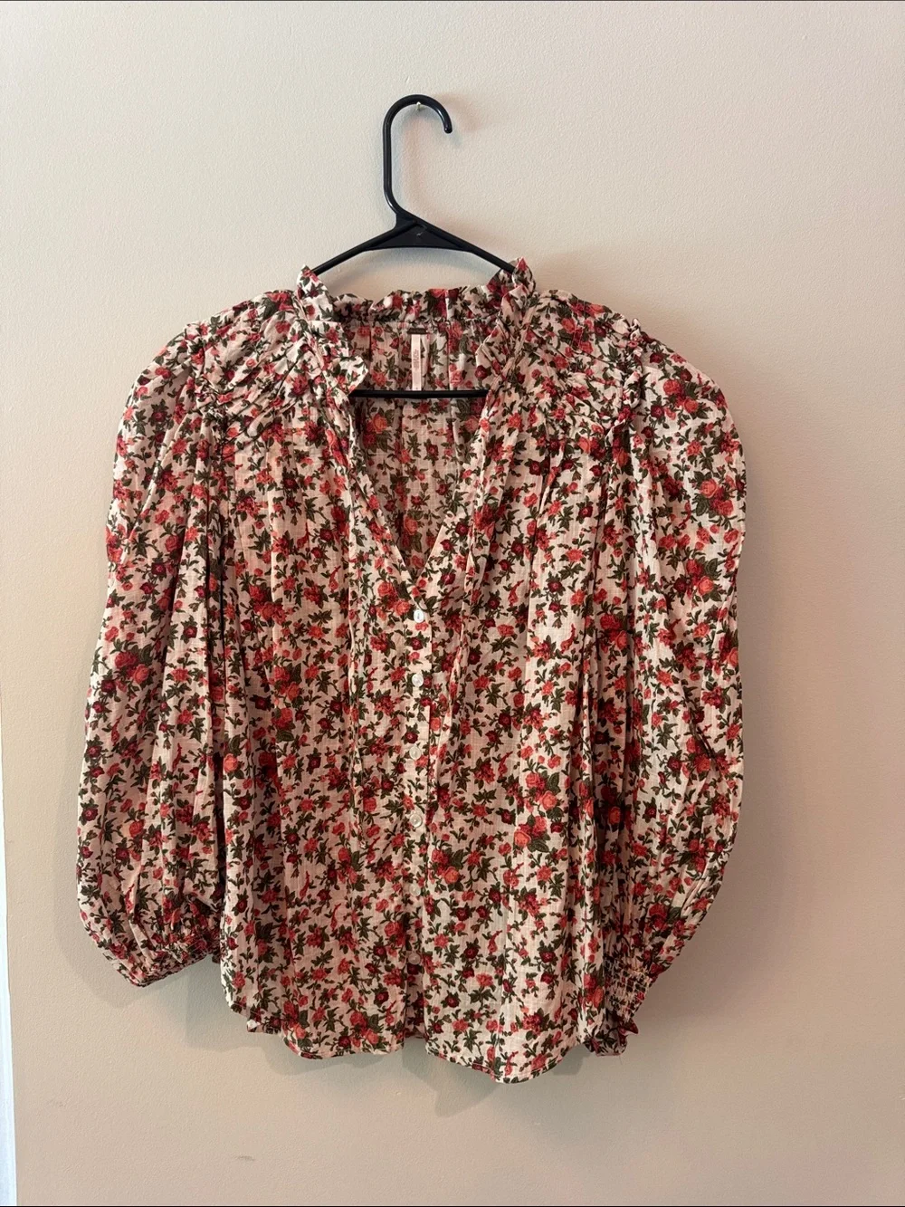 Free People Floral Ruffle Collar Button-Up Blouse in Cream and Red